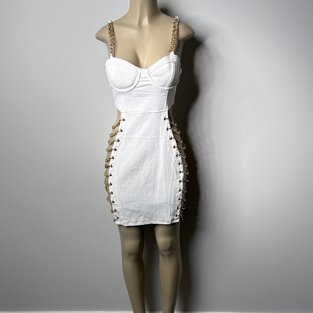 AKIRA White Mini Dress with Gold Chain Straps NWOT - Picture 4 of 8